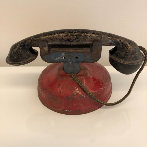 Antique Vintage Red Toy Metal Phone with Cord - Picture 2 of 5
